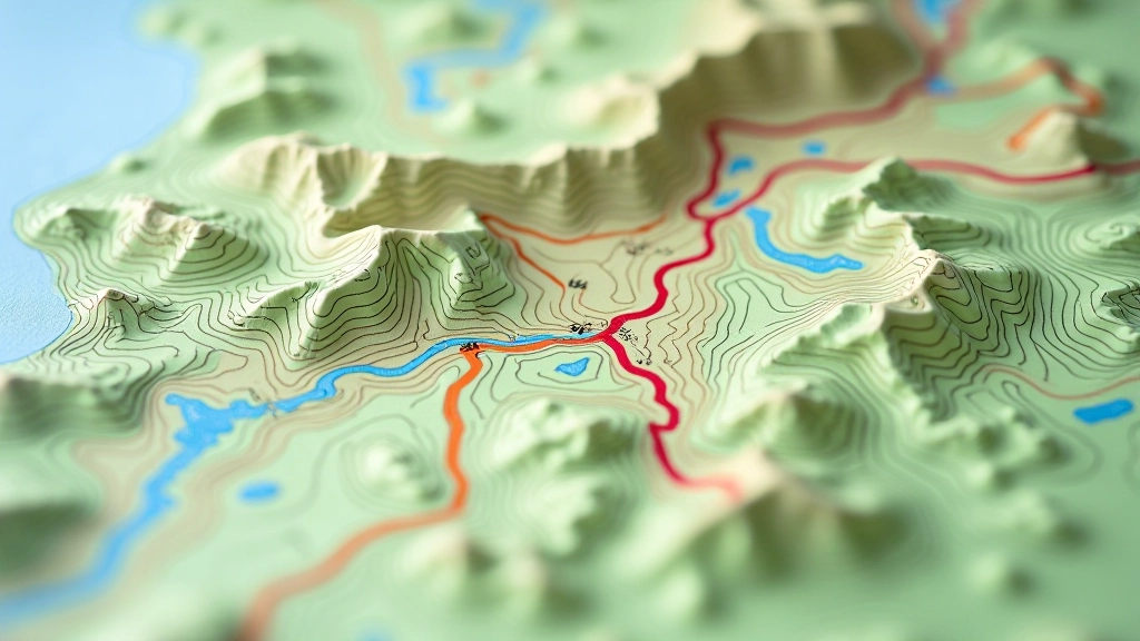 Mapa topograficzna pokazująca różne tereny: zielone lasy, brązowe góry, niebieskie jeziora i drogi