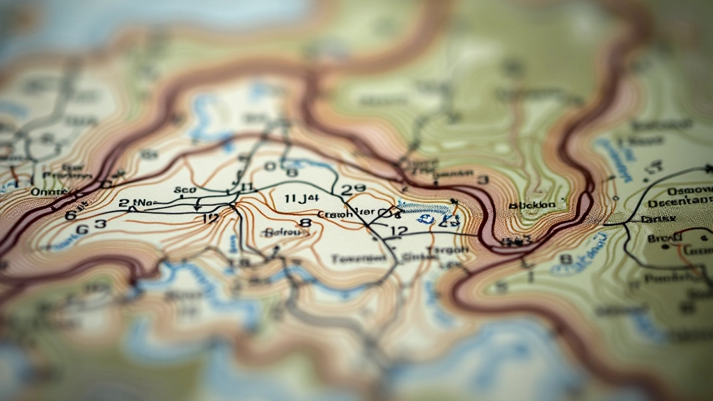 Zbliżenie na brązowe krzywe warstwicowe pokazujące zmianę wysokości na mapie topograficznej, liczby wskazujące wysokość