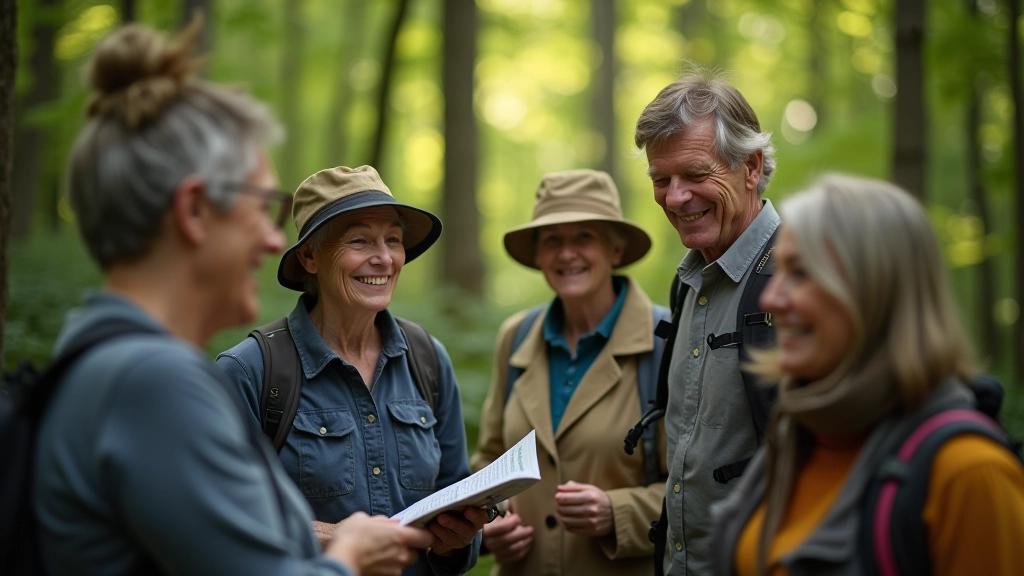 Grupa seniorów podczas geocachingu w lesie, uśmiechnięte twarze