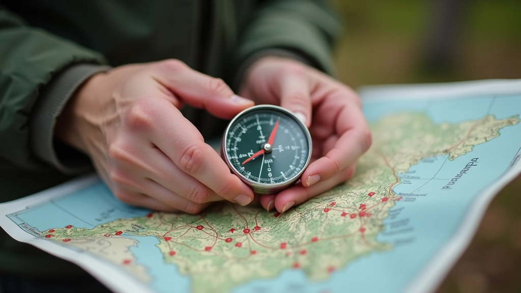 Ręka trzymająca kompas nad mapą, mierząca azymut między dwoma punktami na mapie topograficznej