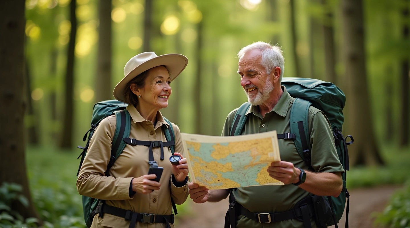 Para seniorów czytająca mapę w polskim lesie