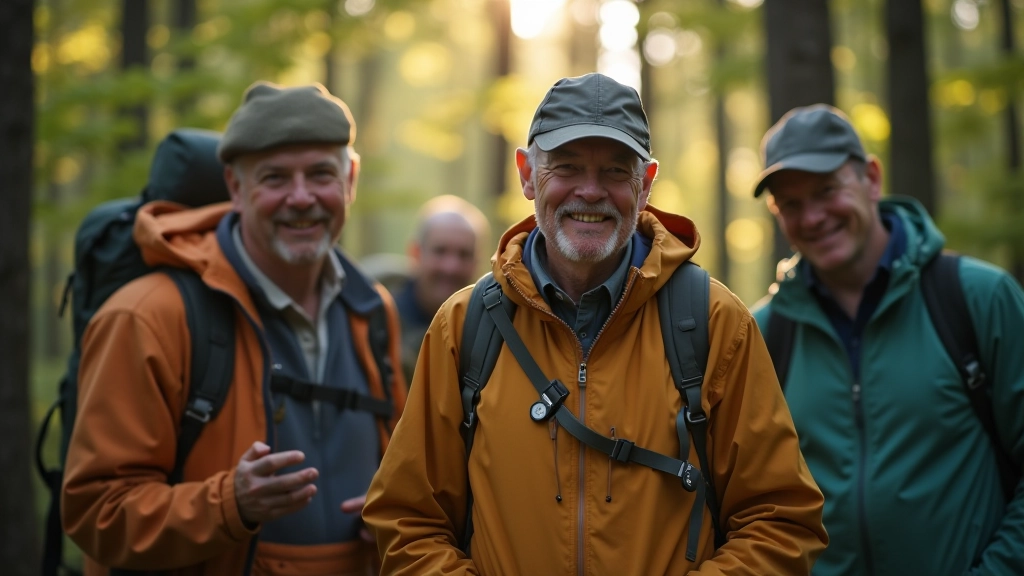 Grupa seniorów uczestnicząca w geocachingu w lesie, szczęśliwe twarze