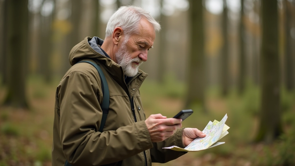 Senior mężczyzna w lesie czytający papierową mapę i sprawdzający GPS w telefonie