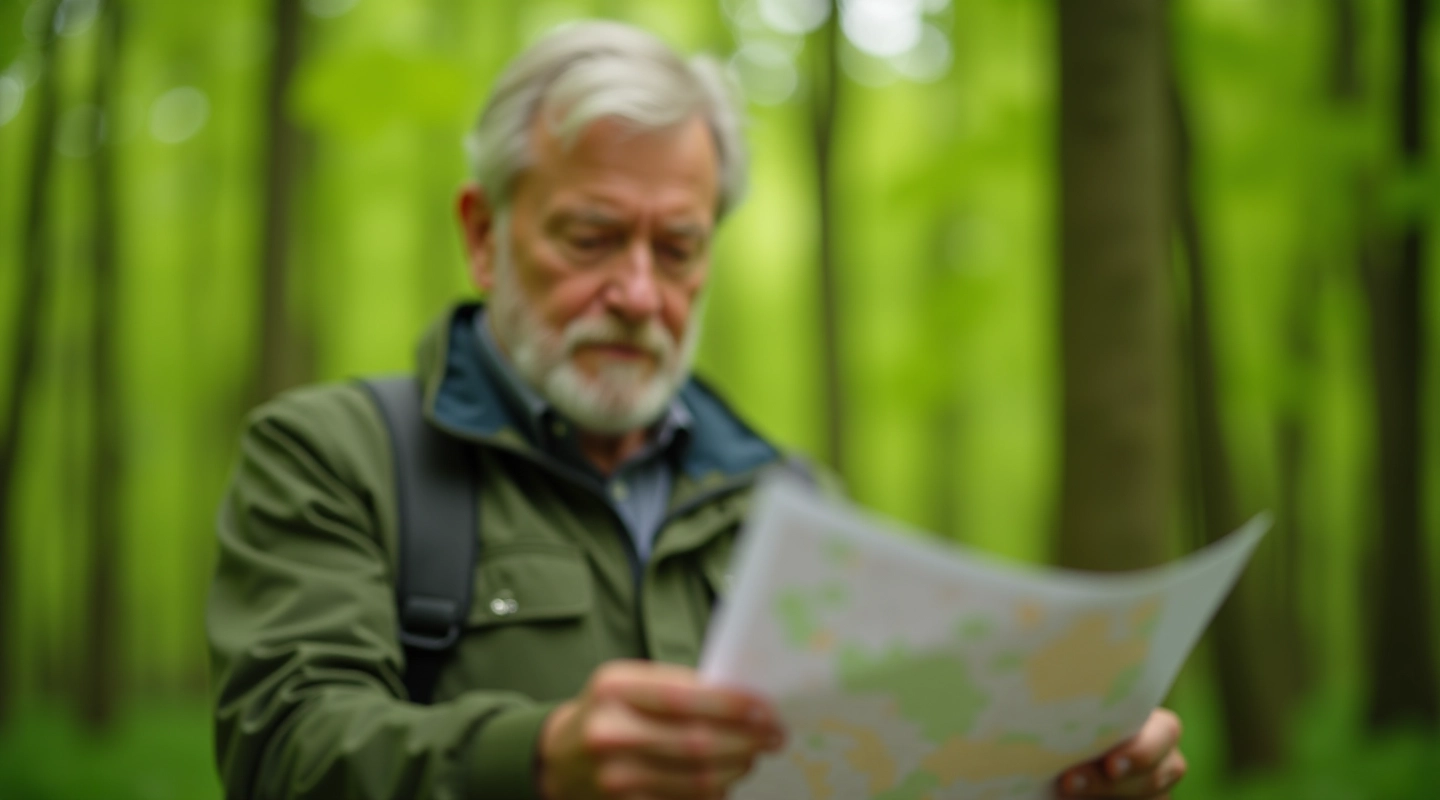 Starszy mężczyzna studiuje papierową mapę topograficzną w lesie