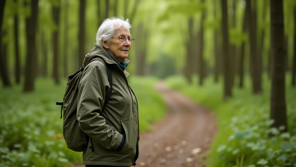 Seniorka przechodząca przez las, badająca otoczenie, uśmiechnięta