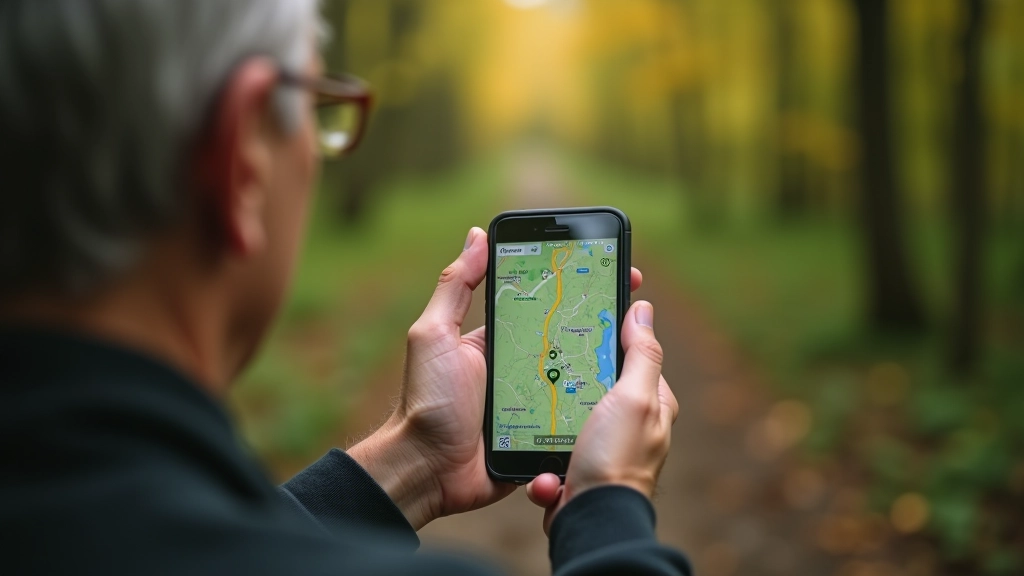 Smartfon z włączoną aplikacją geocachingu pokazujący mapę i położenie cache'u w terenie