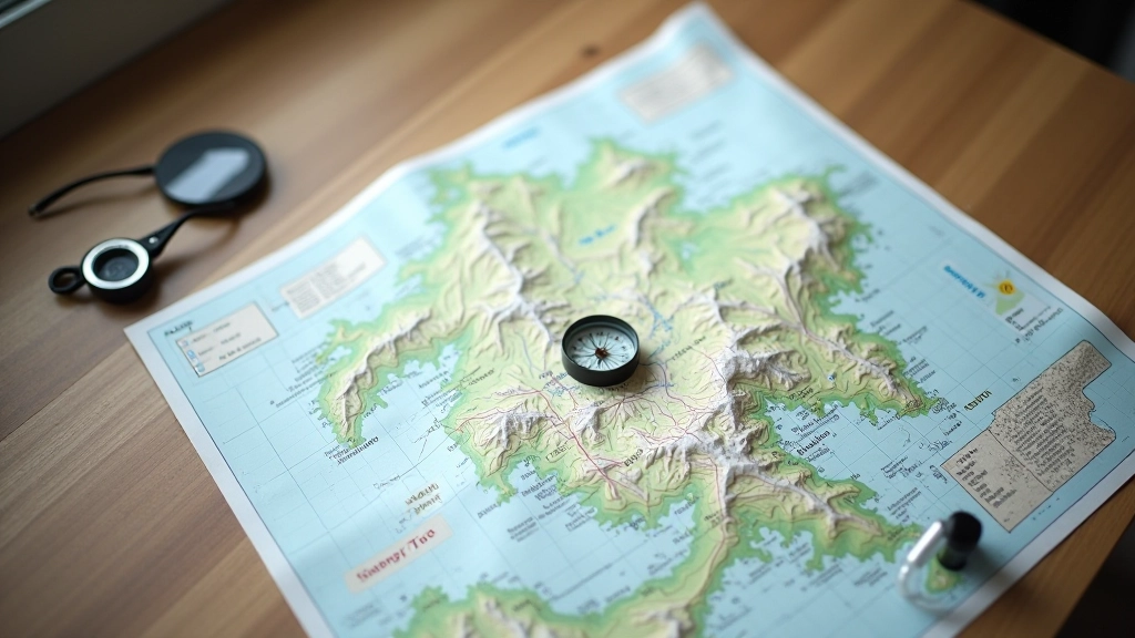 Mapa topograficzna leżąca na drewnianym stole z kompasem ułożonym na siatce mapy