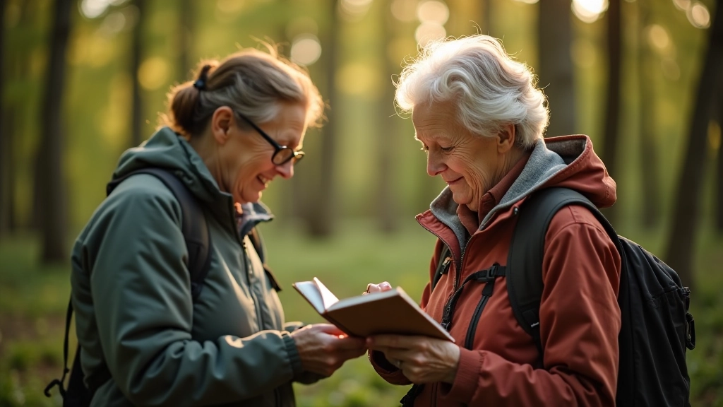 Dwie seniorki trzymające plastikowy pojemnik cache'u w lesie, czytające logbook w słoneczny dzień